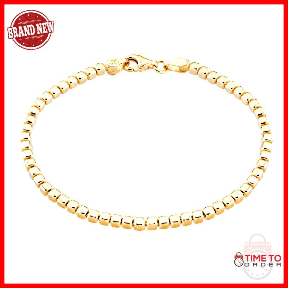Sterling Silver Gold Plated Cube Bead Chain Bracelet 8 Inch Length